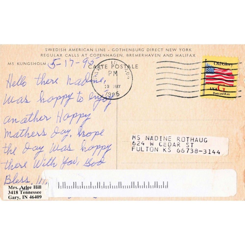 Vintage MS Kungsholm Swedish American Line Postcard NYC Skyline 1995 Postmark - Picture 2 of 2